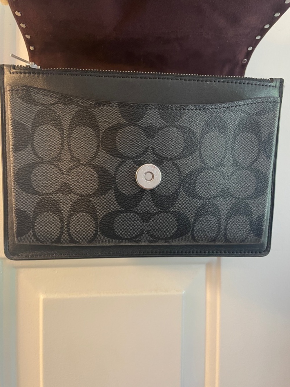 Coach Black Leather & Signature Canvas Chain Shoulder Bag with Silver Studs - Picture 8 of 17